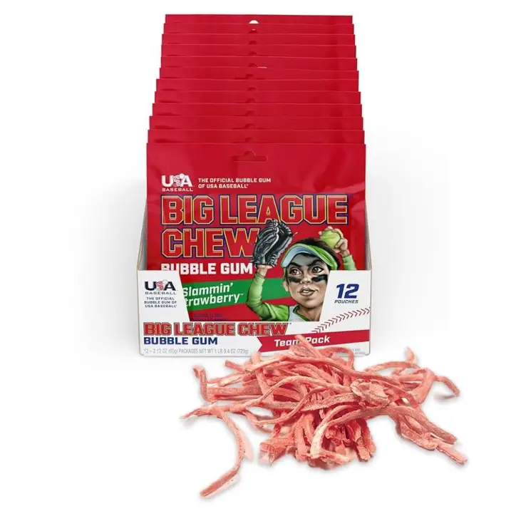 Big League Chew Slammin Strawberry 2.12 oz. Box of 12 bags - Sweets N Snacks