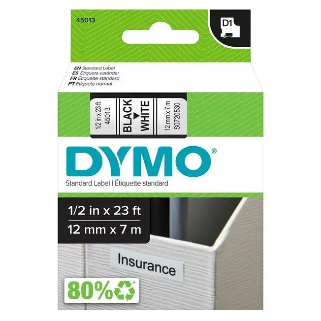 DYMO D1 Standard 45013 Label Maker Tape 1/2’’ x 23’ Black on White (45013)