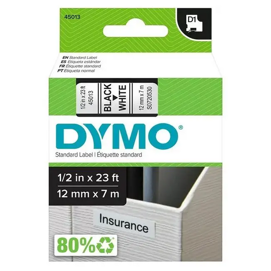 DYMO D1 Standard 45013 Label Maker Tape 1/2’’ x 23’ Black on White (45013)