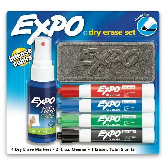 EXPO Low Odor Dry Erase Marker Set with White Board Eraser and Cleaner Chisel Tip