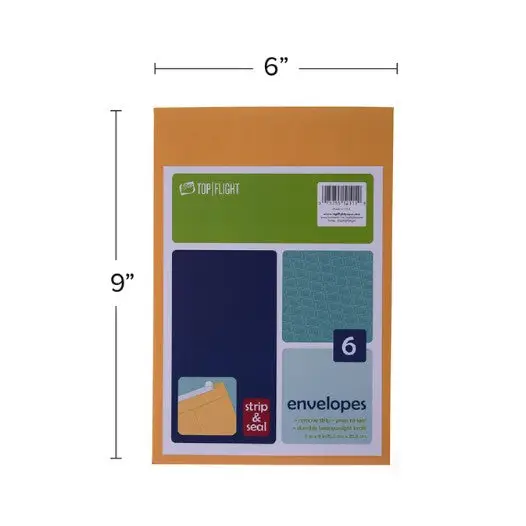 Top Flight Kraft Strip & Seal Envelopes 6’’ x 9’’ Open End 6 Per Pack