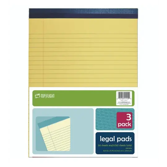 Top Flight Legal Pad 8.5’’ x 11.75’’ 50 Sheets Canary Yellow 3 Pads Per Pack