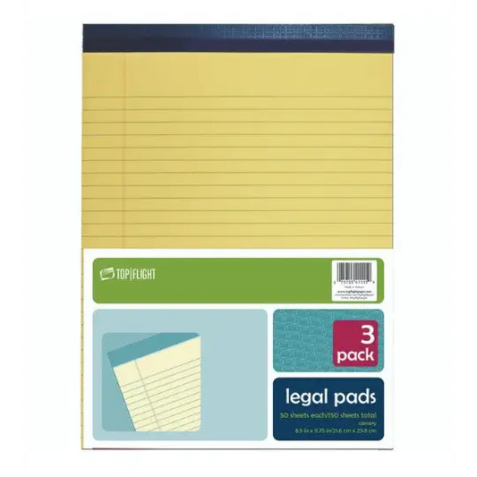 Top Flight Legal Pad 8.5’’ x 11.75’’ 50 Sheets Canary Yellow 3 Pads Per Pack