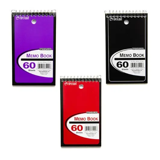 Top Flight Standards® Memo Book Top Wirebound 3’’ x 5’’ 60 Sheets 3 Pack of Assorted Cover Colors