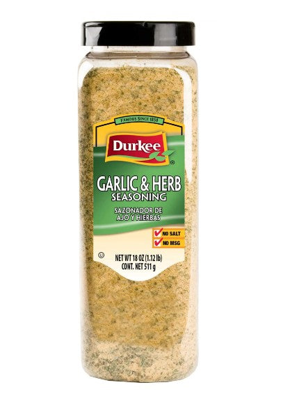 Condimento Durkee de ajo y hierbas, sin sal, 18 oz.