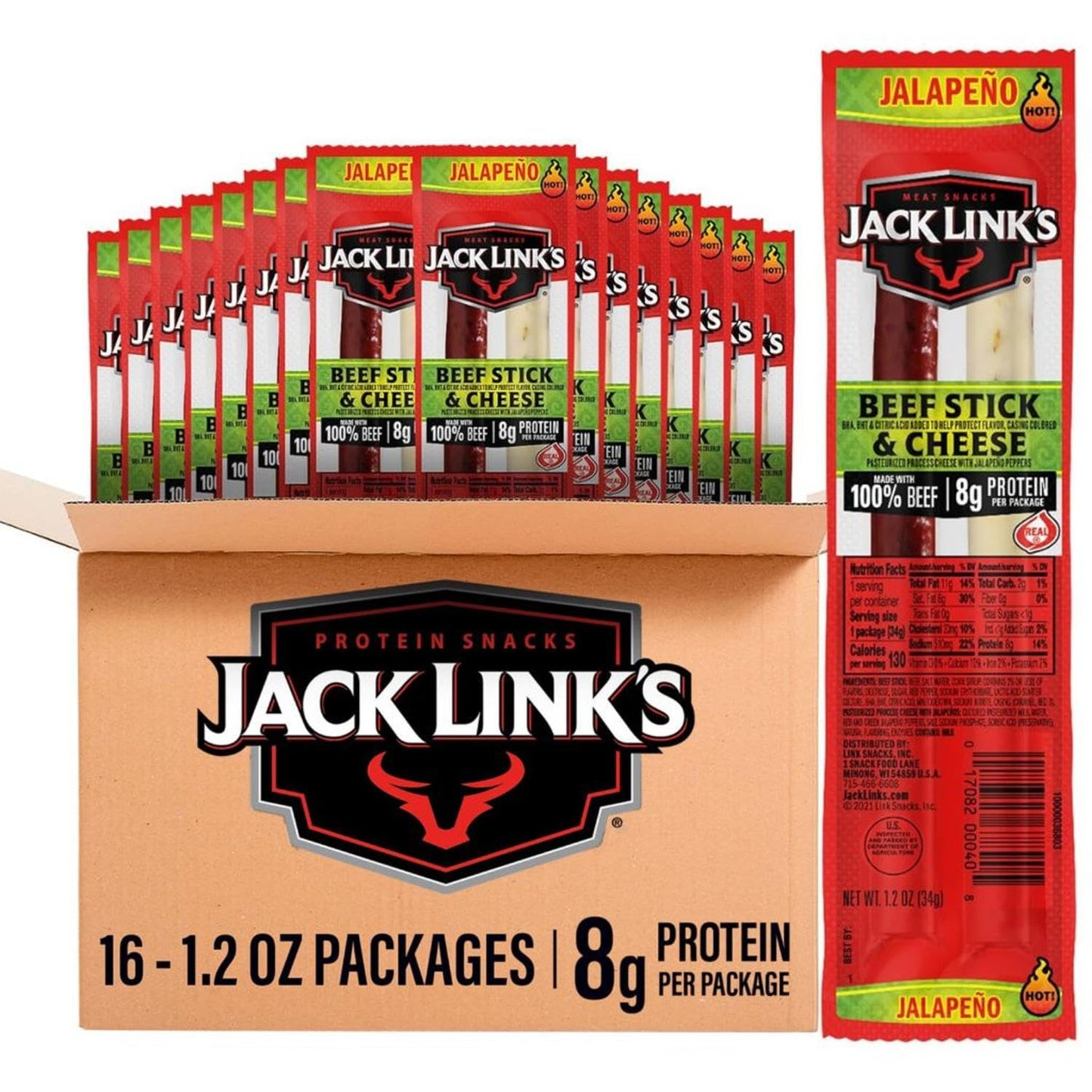Jack Link's Jalapeno Sizzle Beef & Cheese, 1.2 oz., Pack of 16 (00140)