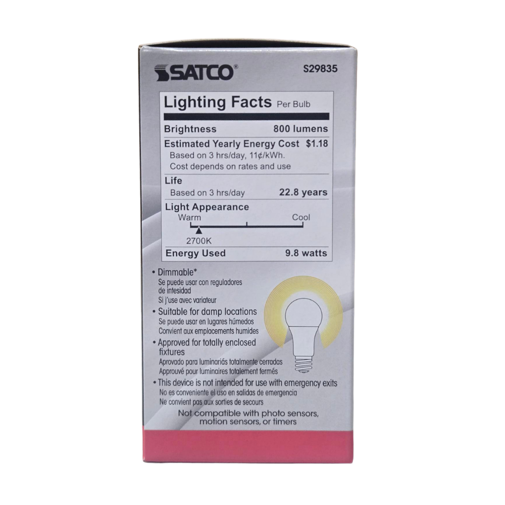 Satco Single 9.8 Watt Dimmable A19 Medium LED Bulb - 800 Lumens and 2700K (29835)