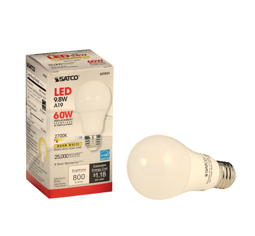 Satco Single 9.8 Watt Dimmable A19 Medium LED Bulb - 800 Lumens and 2700K (29835)