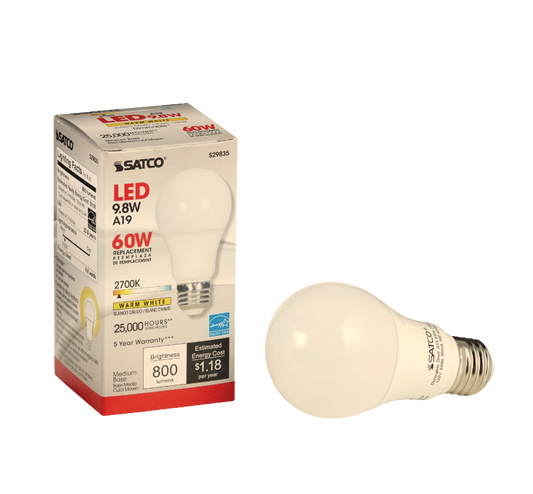 Satco Single 9.8 Watt Dimmable A19 Medium LED Bulb - 800 Lumens and 2700K (29835)