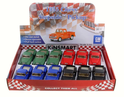 KiNSMART Diecast 1955 Chevy Stepside Pick-up (Matte Color) - 1:32 Scale, 12 Pack (276179)