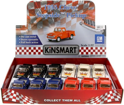 KiNSMART Diecast 1955 Chevy Stepside Pick-up (Flame) - 1:32 Scale, 12 Pack (275134)