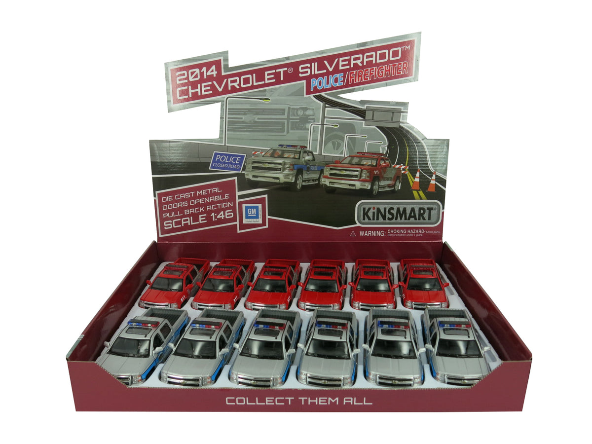 KiNSMART Diecast 2014 Chevrolet Silverado (Fire/Police) - 1:46 Scale, 12 Pack (275226)