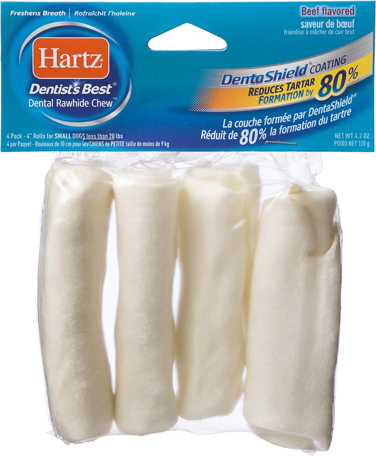 Hartz Dentist's Best 4" Rolled Rawhide Chew, Beef Flavor, 4 pack