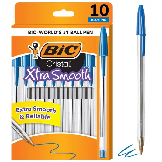 BIC Cristal Xtra Smooth Blue Ballpoint Pen Medium Point 10 Pack