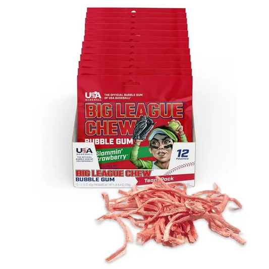 Big League Chew Slammin Strawberry 2.12 oz. Box of 12 bags - Sweets N Snacks