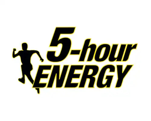 Black and yellow ’5-hour ENERGY’ logo with a running silhouette.