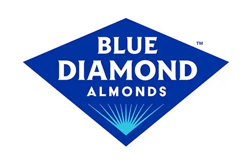 Blue diamond almonds logo with a teal starburst design and white text on navy background.