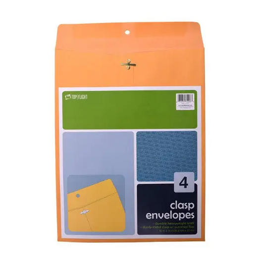 Top Flight Kraft Envelopes Double Prong Clasp Gummed 10’’ x 13’’ 4 pack