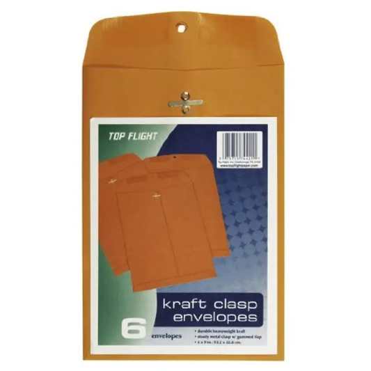 Top Flight Kraft Envelopes Double Prong Clasp Gummed 6’’ x 9’’ 6 pack