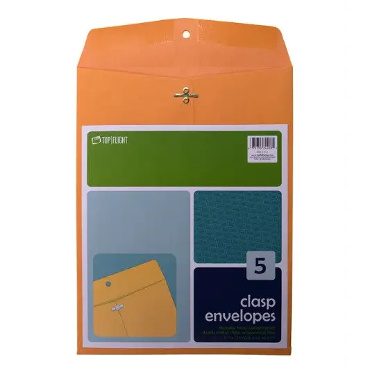 Top Flight Kraft Envelopes Double Prong Clasp Gummed 9’’ x 12’’ 5 Pack