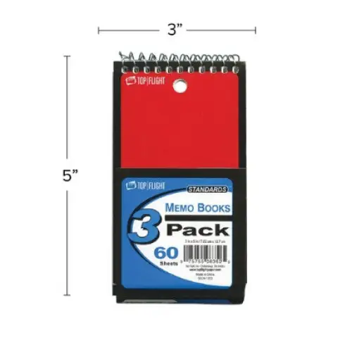 Top Flight Standards® Memo Book Top Wirebound 3’’ x 5’’ 60 Sheets 3 Pack of Assorted Cover Colors